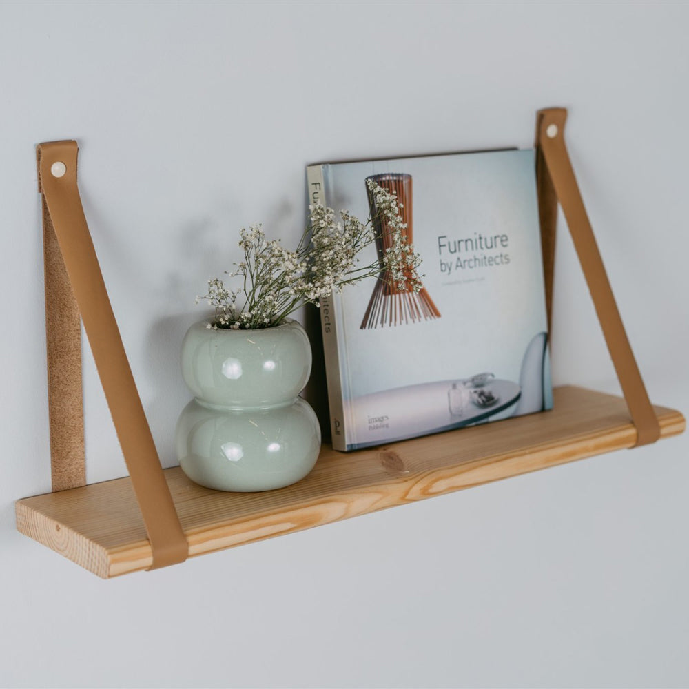 Schwebendes Regalbrett aus Kiefernholz 60x15 cm, mit Lederriemen