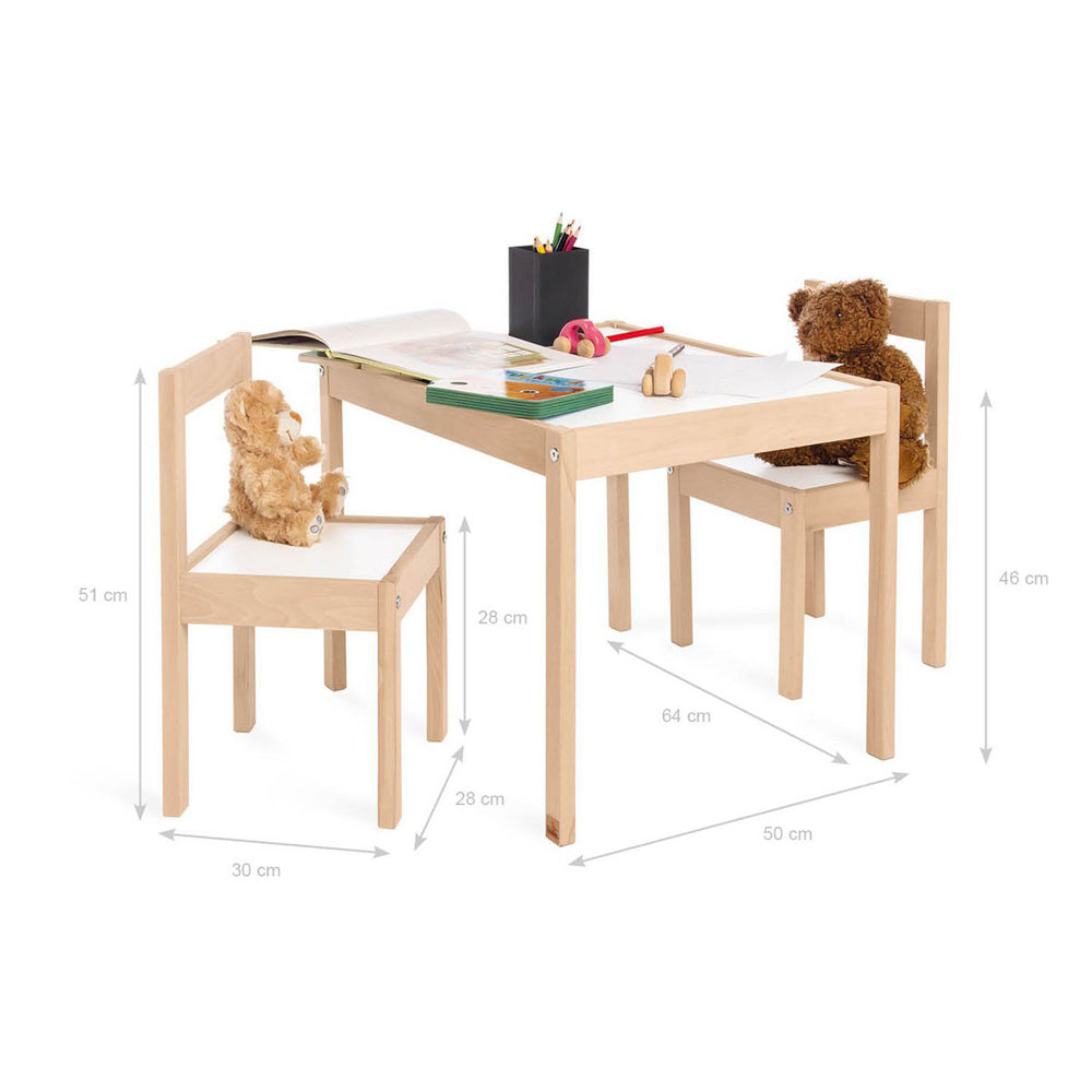 Kinder Sitzset 3-teilig mit Holztisch und zwei Stühlen, ideal für Tische und Sitzmöbel für Kinder zum Spielen und Lernen.