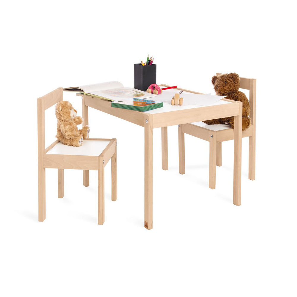 Kinder-Sitzset 3-teilig mit Tisch und zwei Stühlen aus Holz, ideal für Tische für Kinder und Sitzmöbel für Kinder.