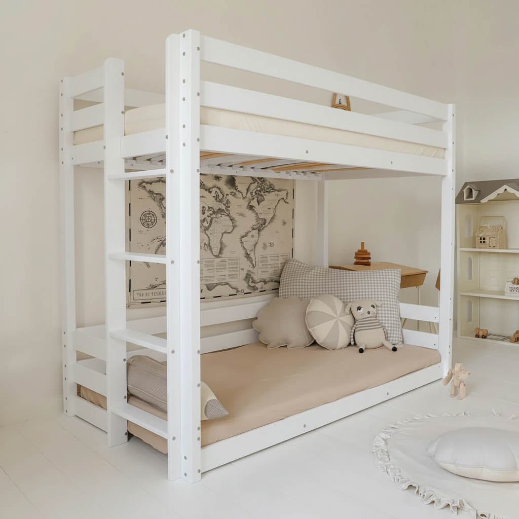 Weißes Etagenbett aus Holz, platzsparend und robust, ideal für Kinderzimmer Möbel, Hoch- & Etagenbetten, natürliche Farben und gemütliches Design.