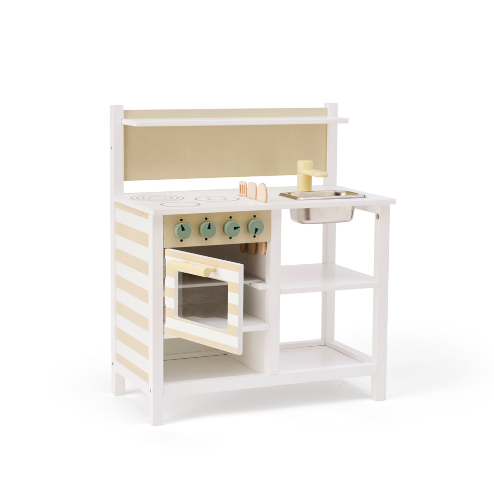 Weiße Spielküche aus Holz mit Zubehör, offenem Ofen, Spüle und Kochfeld, ideal für Kinderküchen & Zubehör in Spielzeug & Spiele Neuheiten.