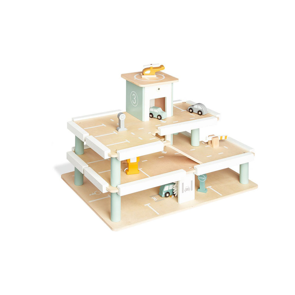 Spielparkhaus aus Holz mit Fahrzeugen und Zubehör, 10-teilig, ideal für Kinder aus den Themenwelten Fahrzeuge & Transport und Motorik- & Holzspielzeug.