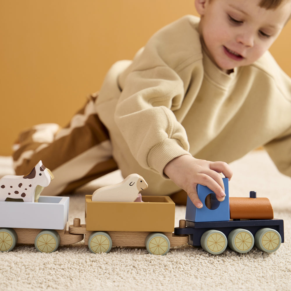 Kind spielt mit buntem Holzspielzeugzug mit fünf Bauernhoftieren aus der Themenwelt Bauernhof & Garten für Kinderzimmerspaß.