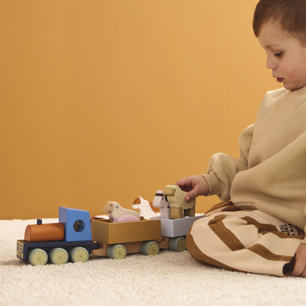 Kind spielt begeistert mit einem bunten Holzspielzeugzug und fünf Bauernhoftieren aus der Themenwelt Bauernhof & Garten.