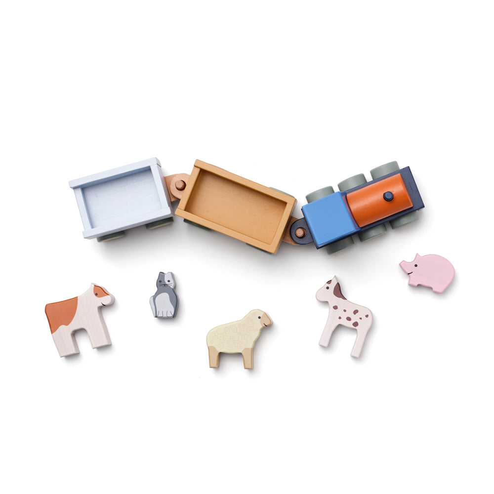 Holz-Spielzeugzug mit zwei Anhängern und fünf Bauernhoftieren, ideal für Motorik- und Holzspielzeug-Sammlungen für Kinder.