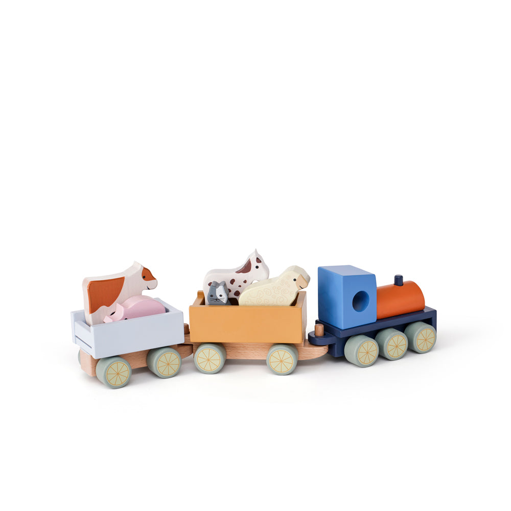 Holz-Spielzeugzug mit fünf Bauernhoftieren, fördert Motorik und Fantasie, ideal für Kinder aus der Themenwelt Bauernhof & Garten.