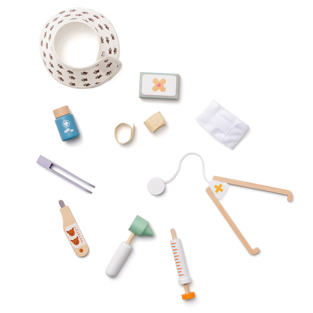 Tierarztkoffer-Spielset aus Holz mit Pflaster, Verbandsmaterial, Thermometer, Spritze und weiteren Spielzeug-Werkzeugen für Kinderentwicklung.