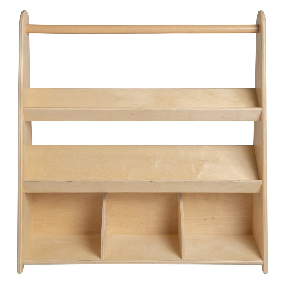 Kinderbuchregal aus Birkensperrholz, 96x32x100 cm, mit drei Fächern und zwei Ablagen, ideal für Kinderzimmer Möbel und Montessori Räume.