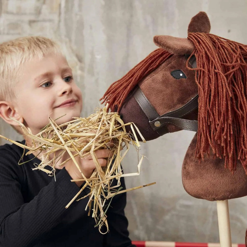 Kind spielt mit braunem Steckenpferd aus der Hobby Horsing Themenwelt und füttert es spielerisch mit Stroh.