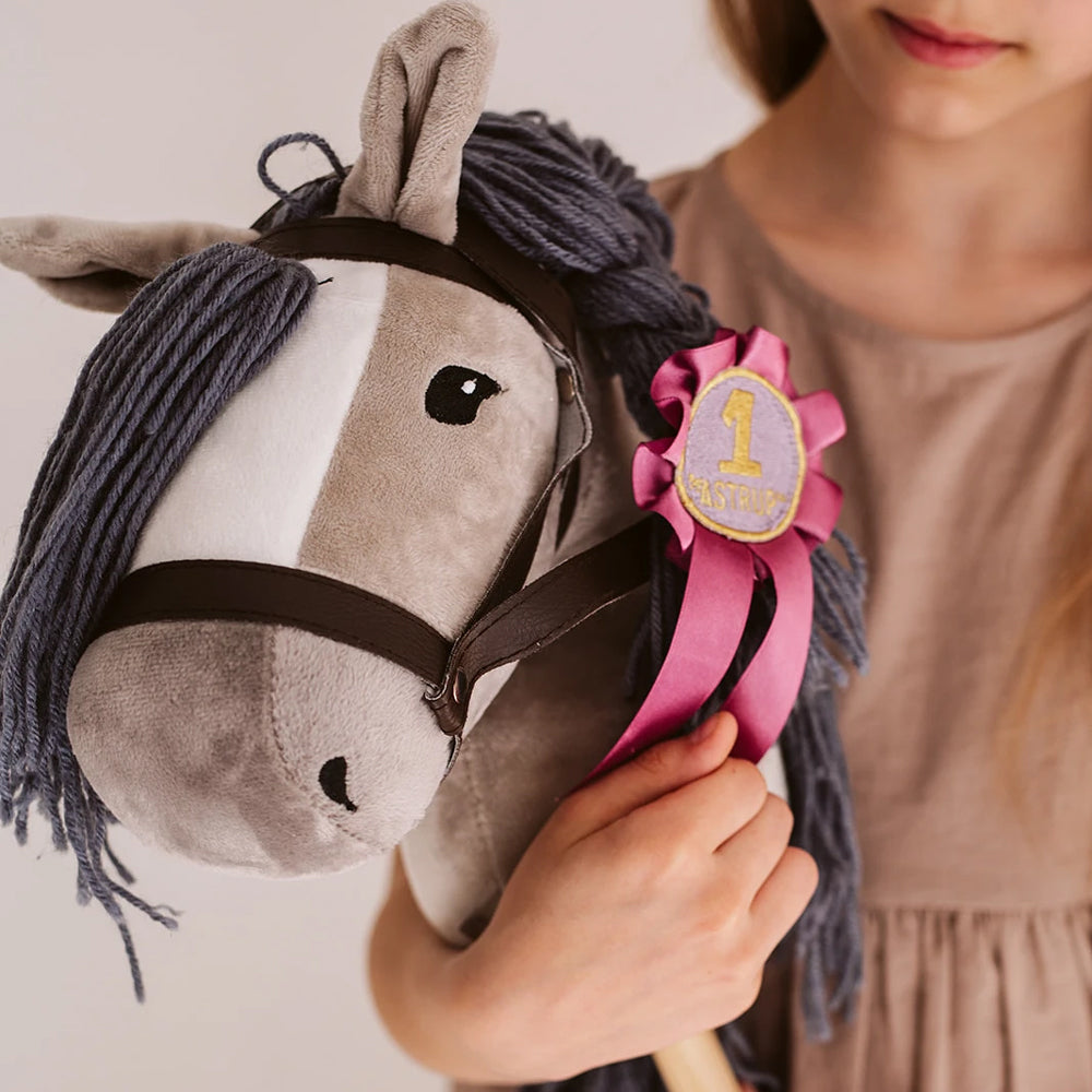 Kind hält graues Steckenpferd mit pinker Sieger-Schleife aus der Kollektion Spielzeug & Spiele, Hobby Horsing und Tierwelt Themenwelt.