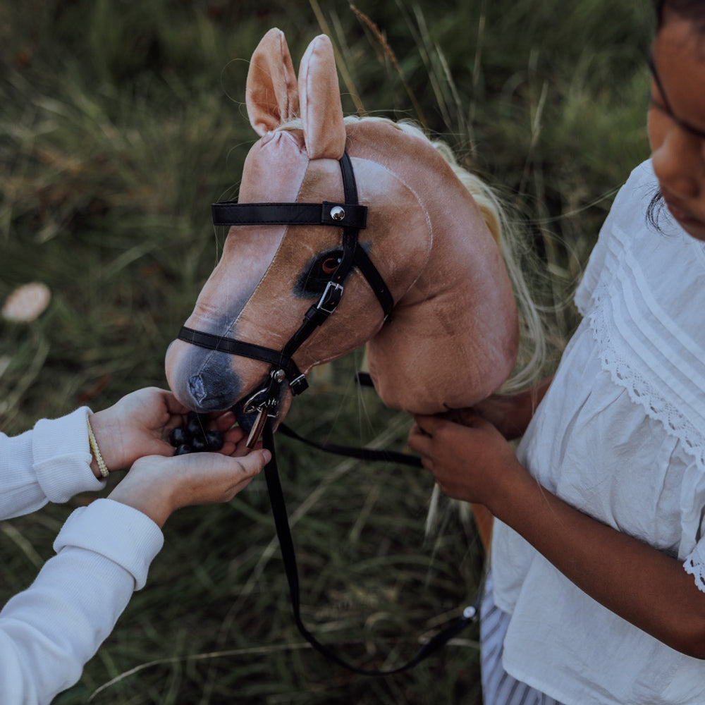 Blondes Steckenpferd Spirit mit Zaumzeug in natürlicher Umgebung, ideal für Spielzeug & Spiele sowie Hobby Horsing für Kinder.