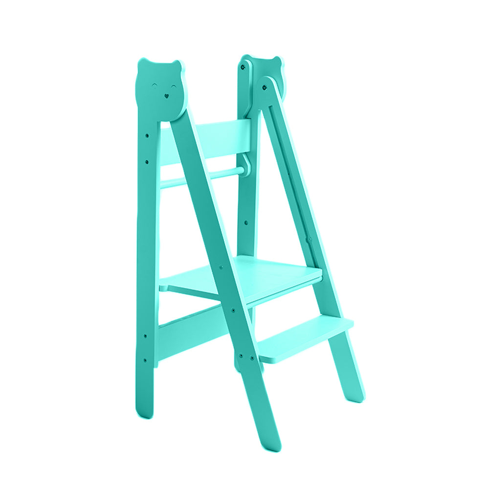 klappbarer Tritthocker Lernstuhl in Türkis mit 2 höhenverstellbaren Stufen für Kinderzimmer nach Montessori und Pikler Prinzipien