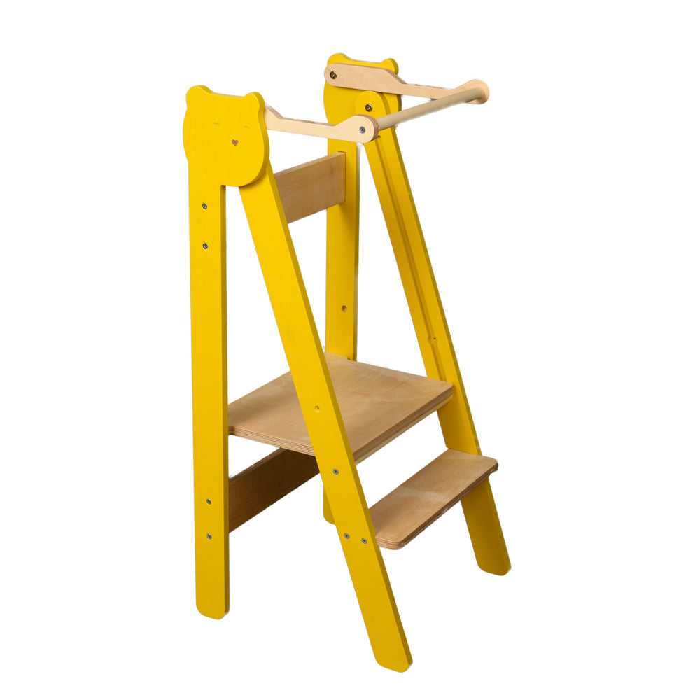 Klappbarer Tritthocker Lernstuhl gelb mit 2 höhenverstellbaren Stufen, ideal für gelbes Kinderzimmer, Montessori und Pikler Sammlungen