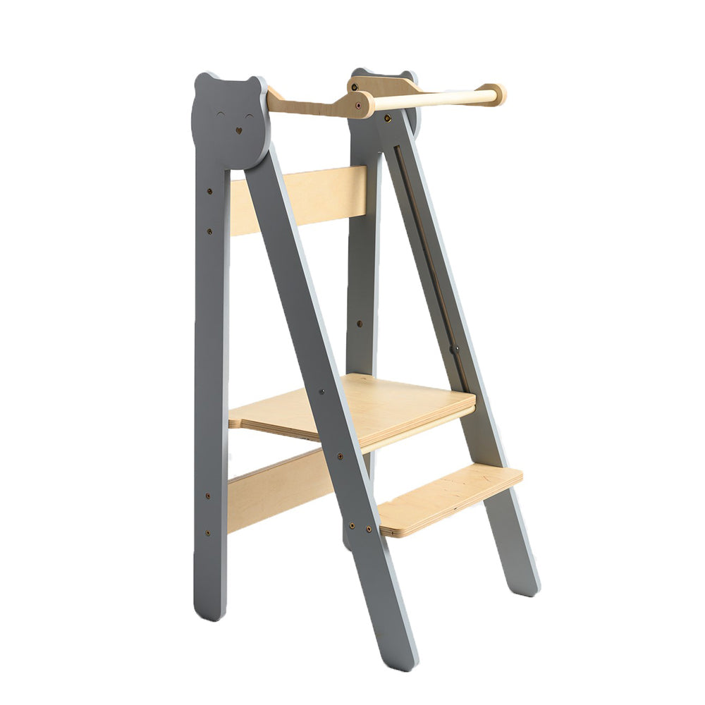 Tritthocker Lernstuhl klappbar mit 2 höhenverstellbaren Stufen, ideal für Montessori, Pikler und gelbes Kinderzimmer.