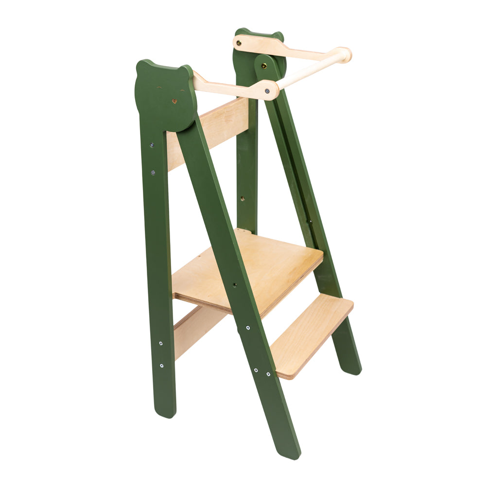 Klappbarer Tritthocker Lernstuhl mit 2 höhenverstellbaren Stufen in grün für Montessori Kinderzimmer und gelbe Stuhlkollektion Neu