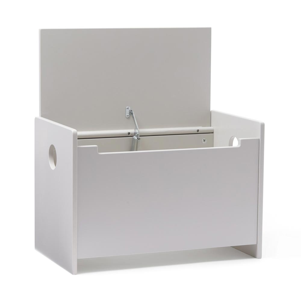 Kinderfreundliche Sitzbank Truhe aus Holz in Grau mit Stauraum für Spielzeug und Alltagsgegenstände im Kinderzimmer.