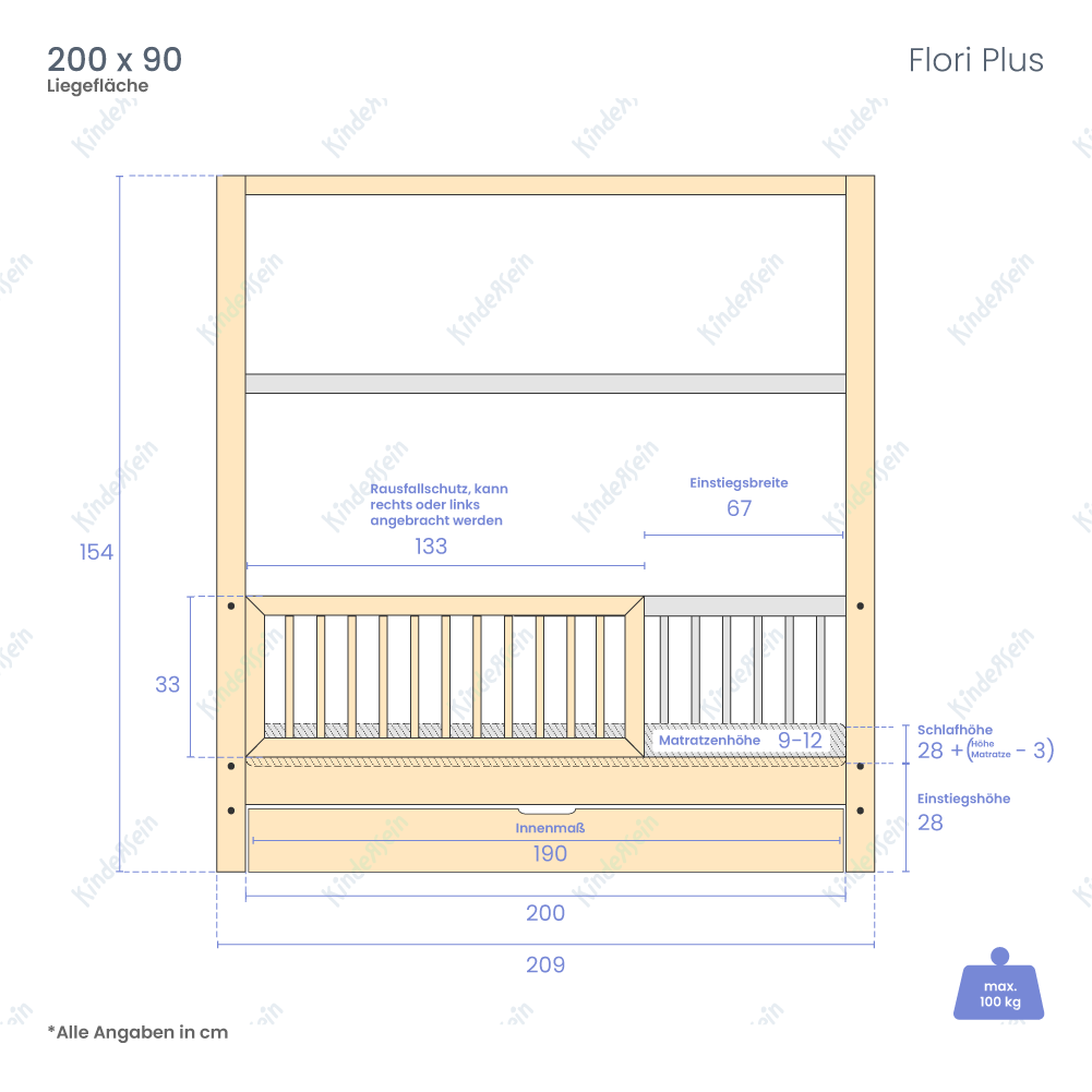 Kinder Hausbett Flori Plus mit Rausfallschutz & Schublade aus Holz, Hausbett-Kiefer - Kindersein