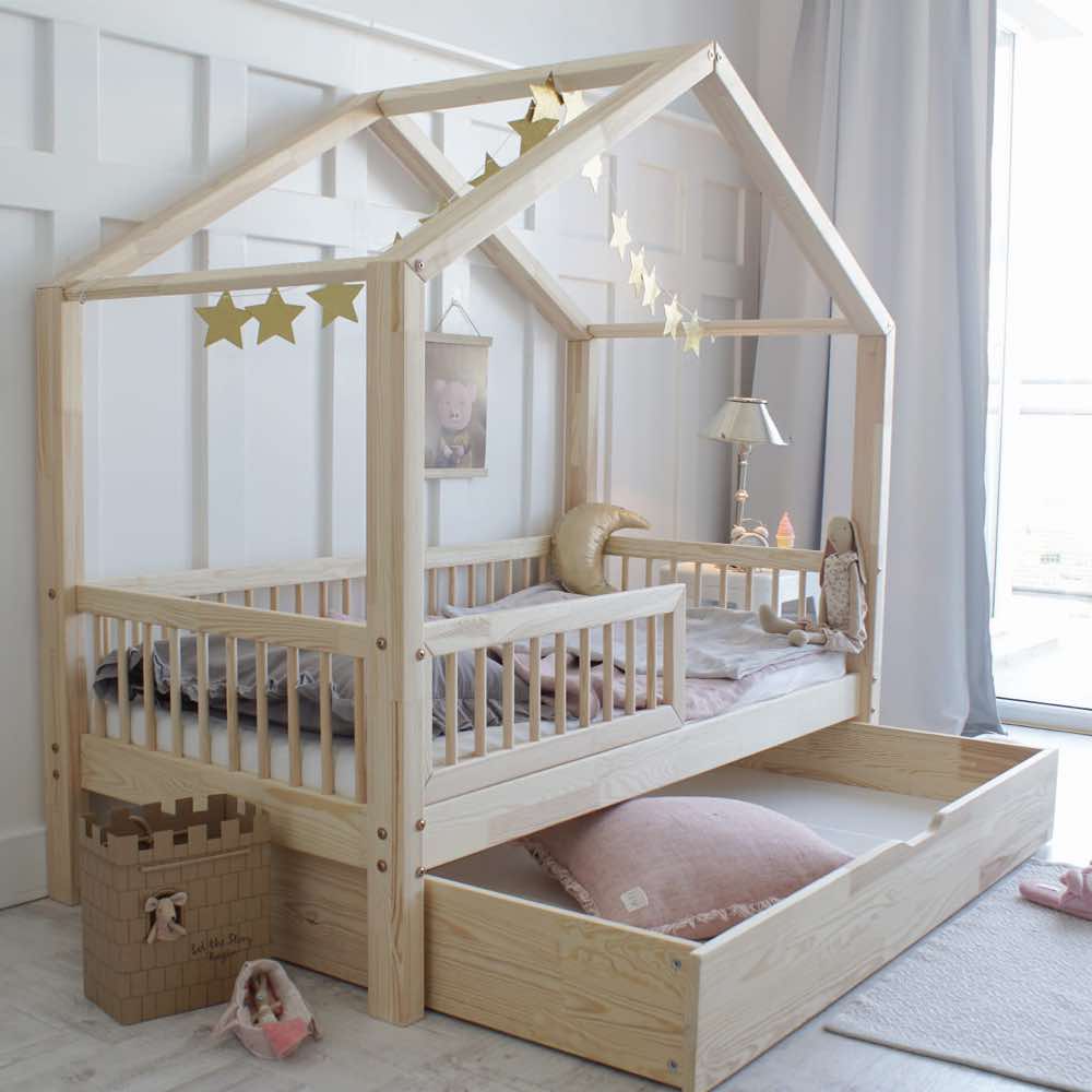 Kinder Hausbett Casa Plus aus Holz mit Rausfallschutz & Schublade, Hausbett-Kiefer - Kindersein