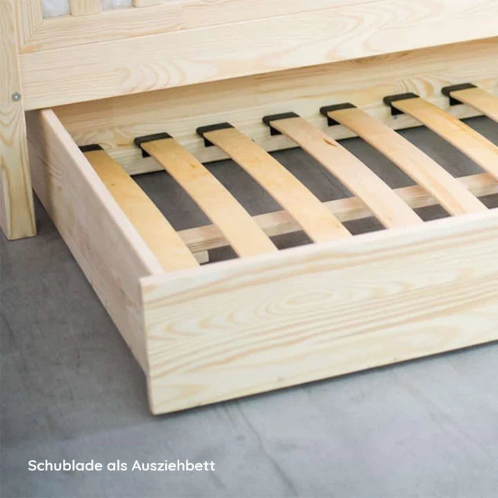 Kinder Hausbett Pioli Plus mit Rausfallschutz & Schublade aus Holz, Hausbett-Kiefer - Kindersein